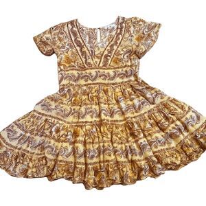 Boho Floral Paisley Midi Dress – Mustard Yellow Ruffle Skirt, Vintage Vibe Small